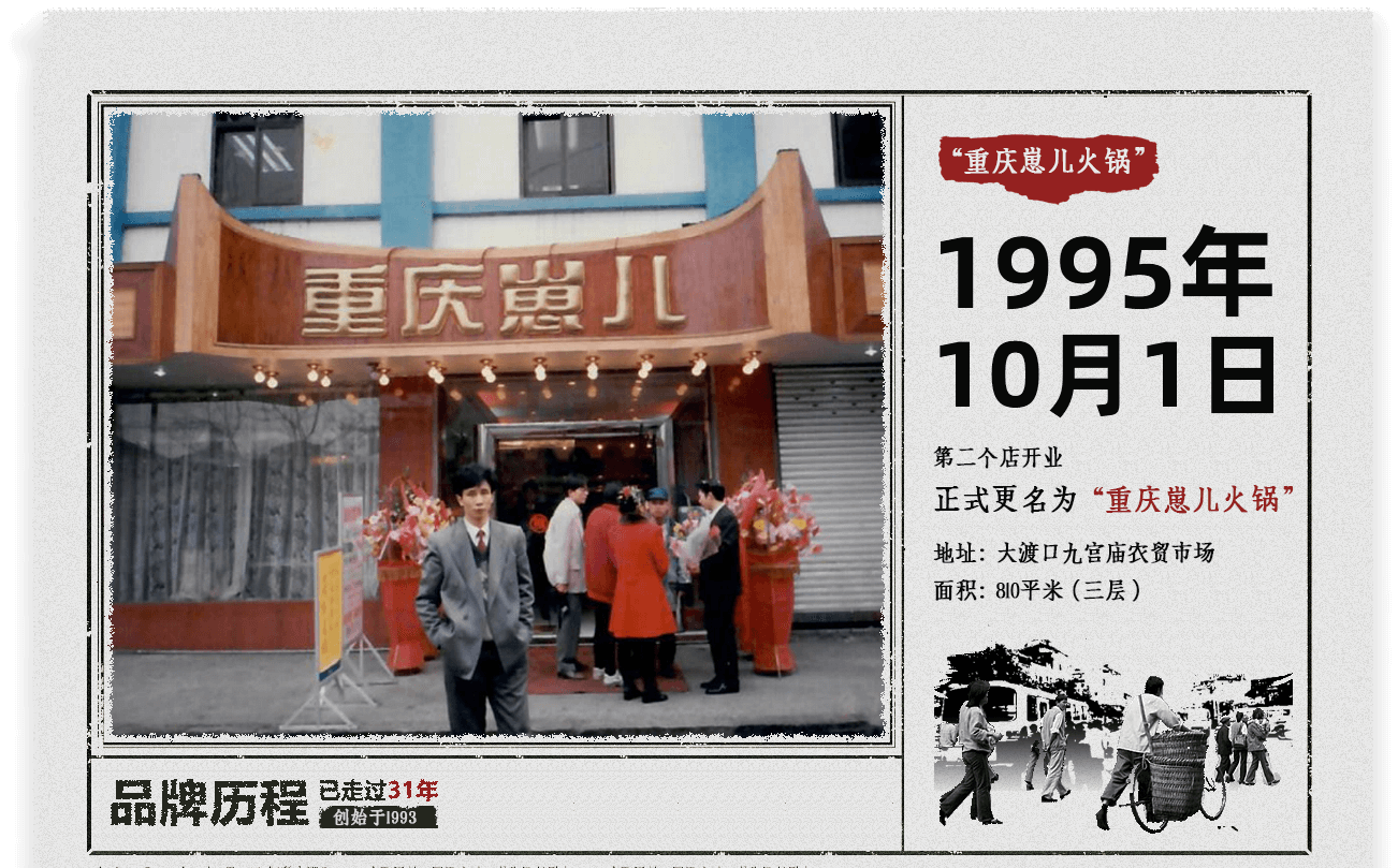 1995年10月1日 第二个店开业，正式更名为「重庆崽儿火锅」，地址：大渡口九宫庙农贸市场，面积810平米（三层）