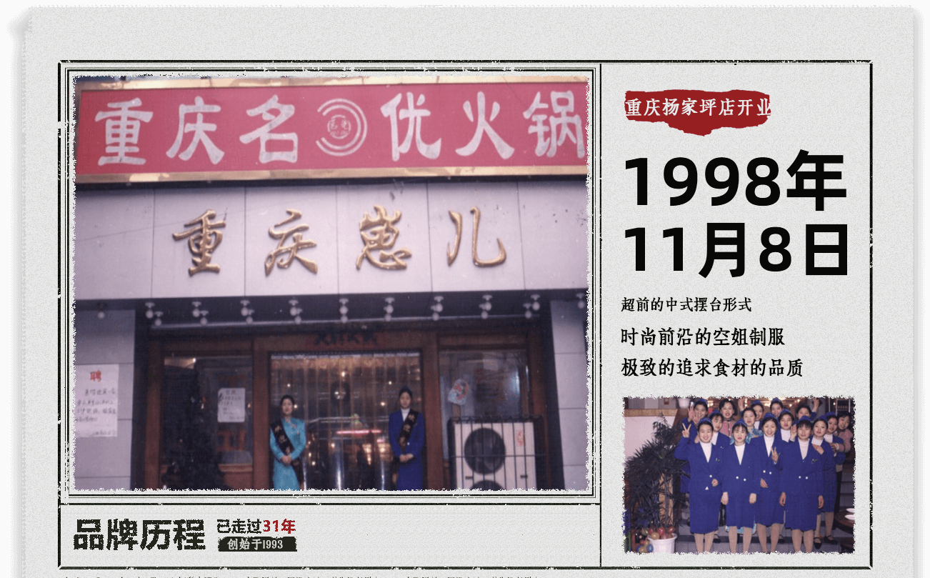 1998年11月8日 重庆杨家坪店开业，超前的中式摆台形式、时尚前沿的空姐制服、极致的追求食材的品质